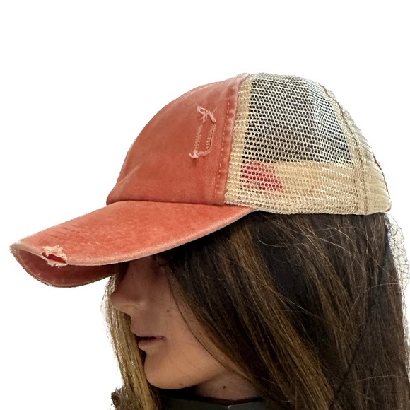 Distressed Ponytail Baseball Caps Adjustable Criss Cross Ponytail Hats Mesh - Picture 2 of 6